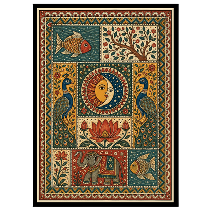 Embrace the cosmic balance with an exquisite Madhubani art piece depicting the unity of the sun and for loft