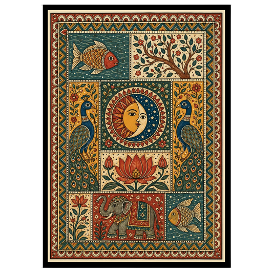 Embrace the cosmic balance with an exquisite Madhubani art piece depicting the unity of the sun and for loft