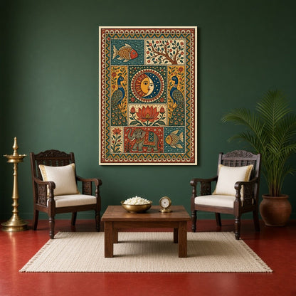 Embrace the cosmic balance with an exquisite Madhubani art piece depicting the unity of the sun and for Sitting Area