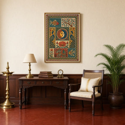 Embrace the cosmic balance with an exquisite Madhubani art piece depicting the unity of the sun and for Study