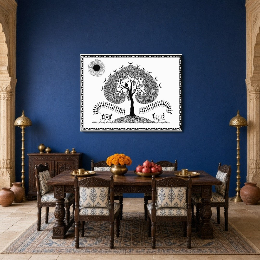 Embrace the serene beauty of Warli art with this captivating piece, featuring a majestic tree for Dining