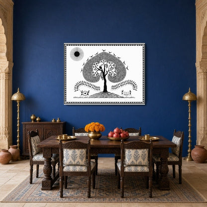 Embrace the serene beauty of Warli art with this captivating piece, featuring a majestic tree for Dining
