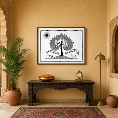 Embrace the serene beauty of Warli art with this captivating piece, featuring a majestic tree for Entrance