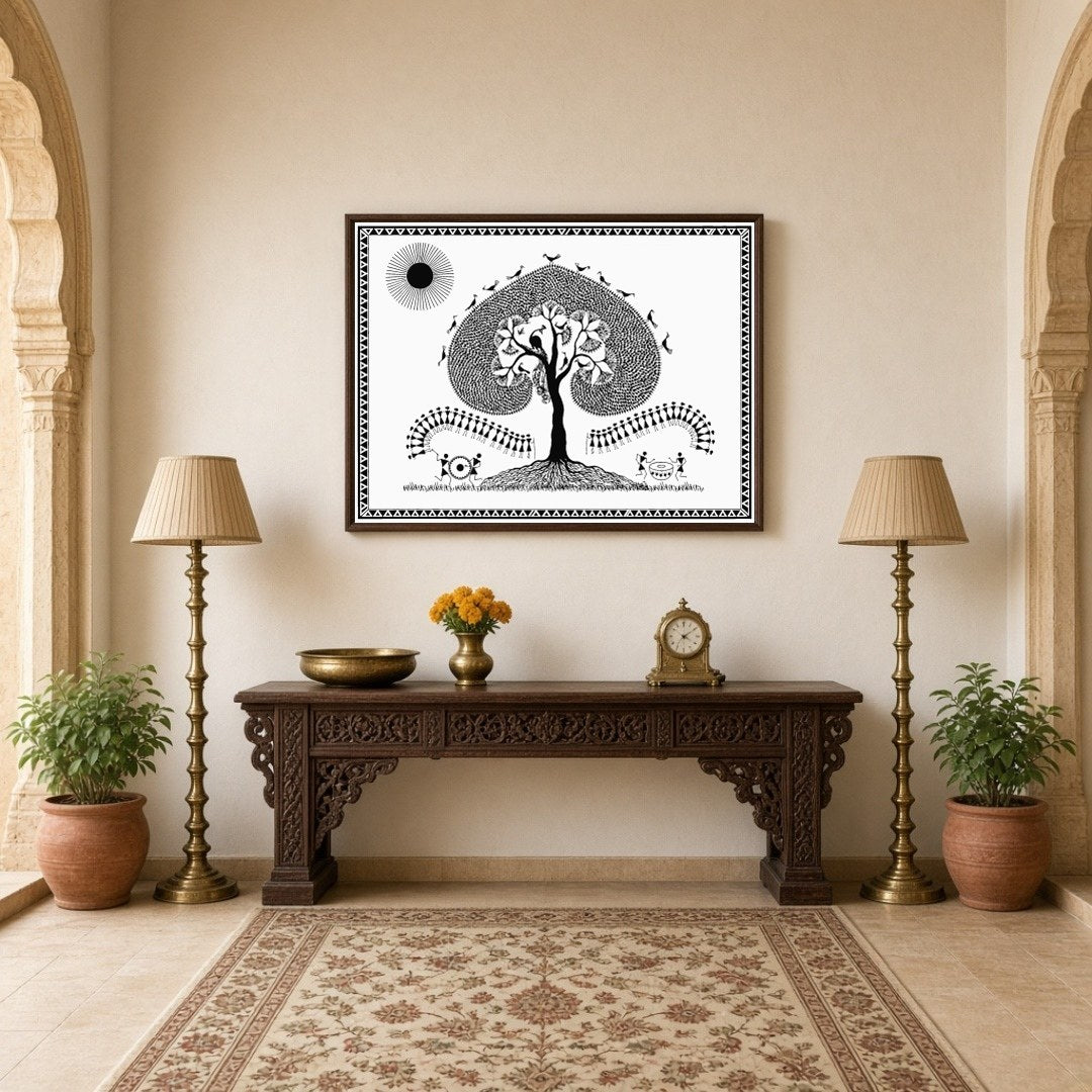 Embrace the serene beauty of Warli art with this captivating piece, featuring a majestic tree for Hallway