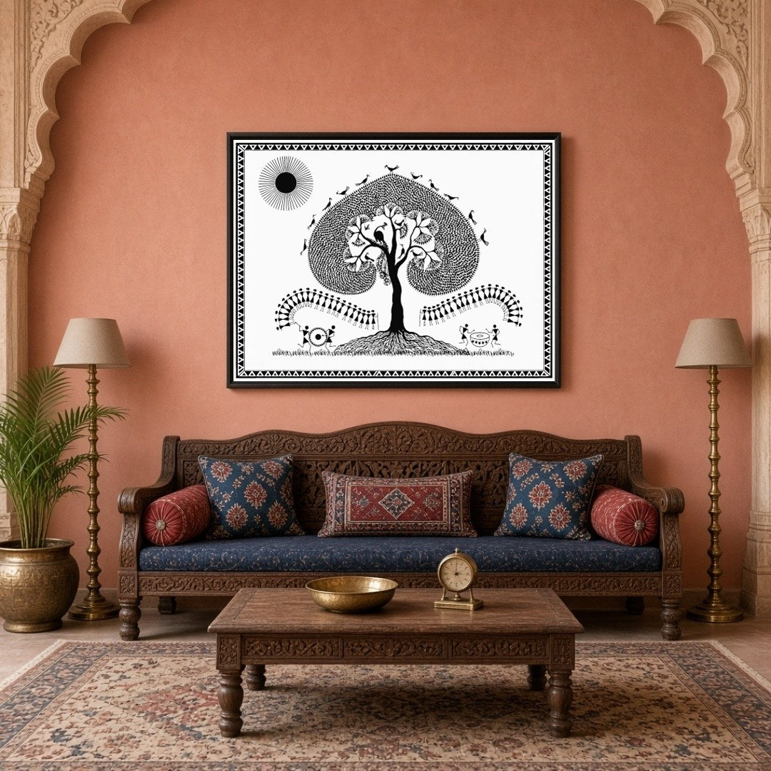Embrace the serene beauty of Warli art with this captivating piece, featuring a majestic tree for Living Room
