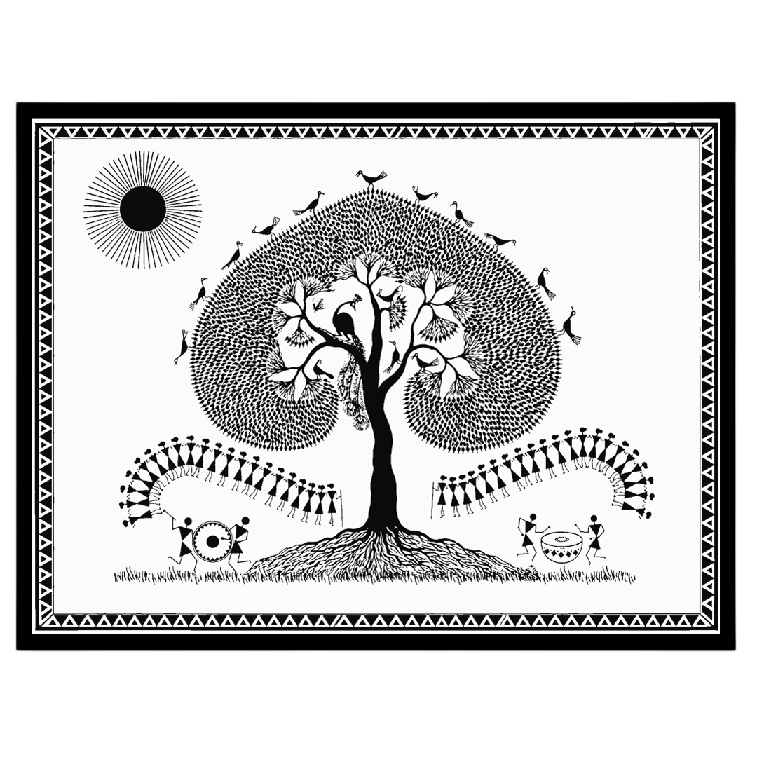 Embrace the serene beauty of Warli art with this captivating piece, featuring a majestic tree for place