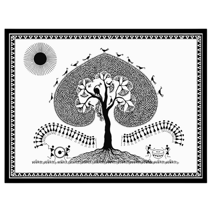Embrace the serene beauty of Warli art with this captivating piece, featuring a majestic tree for place