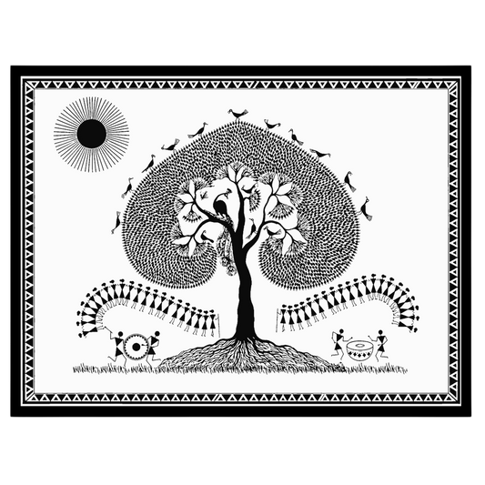 Embrace the serene beauty of Warli art with this captivating piece, featuring a majestic tree for place