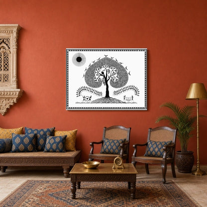 Embrace the serene beauty of Warli art with this captivating piece, featuring a majestic tree for Sitting Area