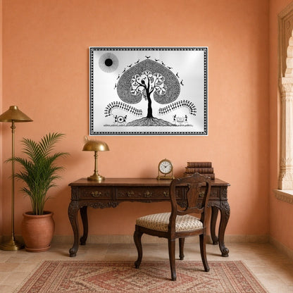 Embrace the serene beauty of Warli art with this captivating piece, featuring a majestic tree for Study