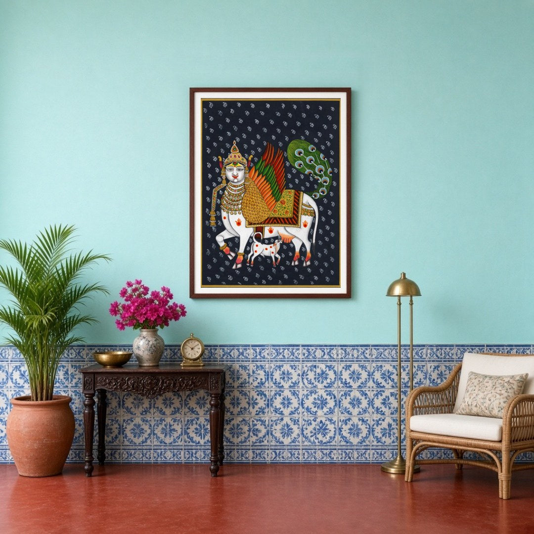 This captivating Pichwai artwork features the divine Kamdhenu adorned with vibrant wings and an for Entrance