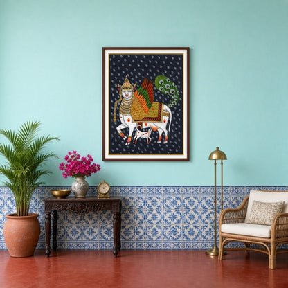 This captivating Pichwai artwork features the divine Kamdhenu adorned with vibrant wings and an for Entrance