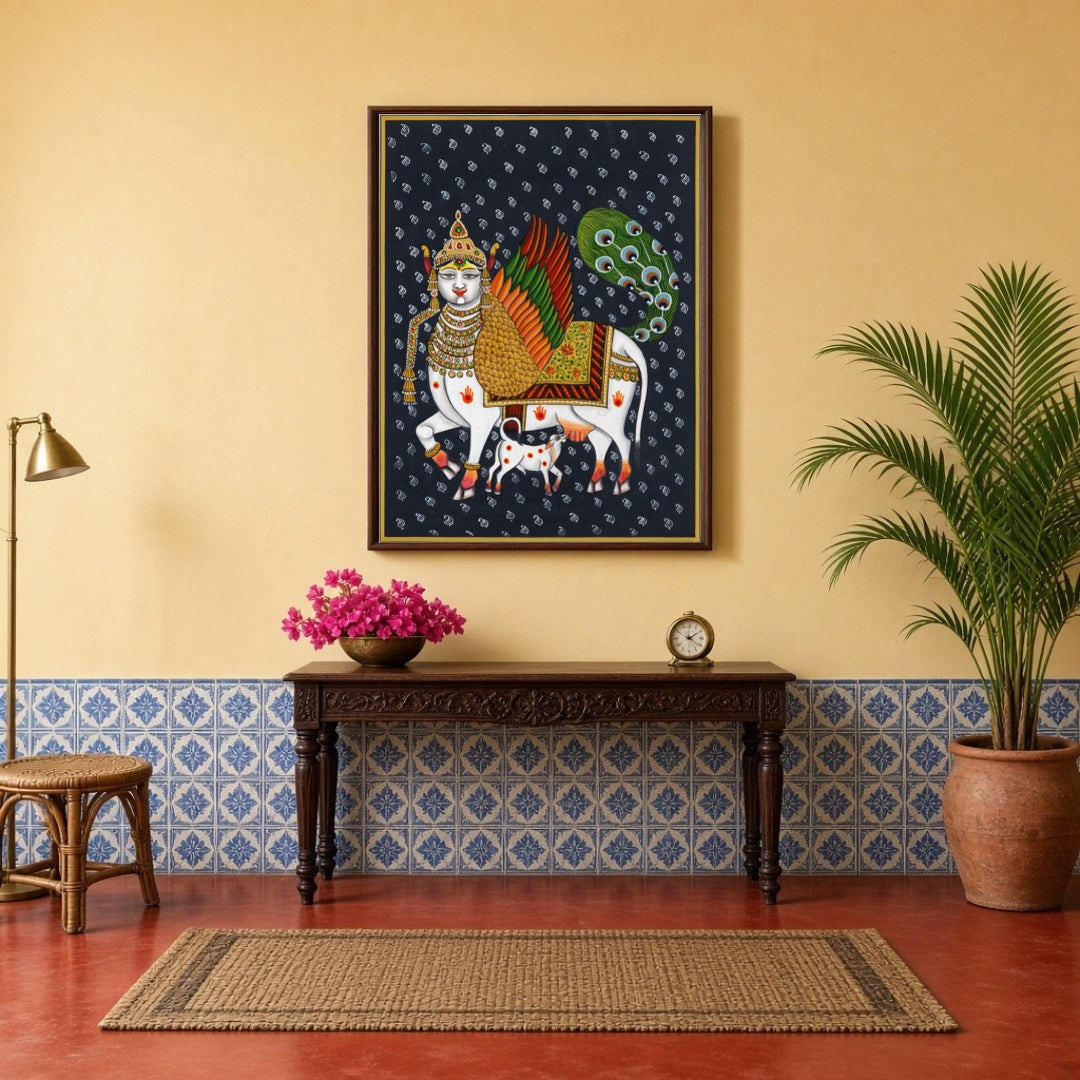 This captivating Pichwai artwork features the divine Kamdhenu adorned with vibrant wings and an for Hallway