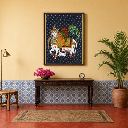 This captivating Pichwai artwork features the divine Kamdhenu adorned with vibrant wings and an for Hallway