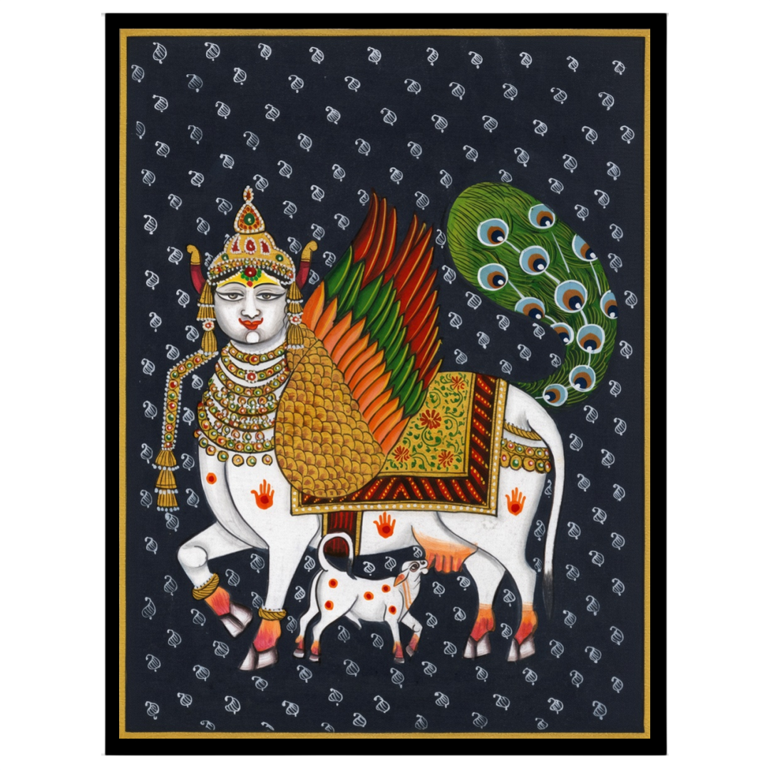 This captivating Pichwai artwork features the divine Kamdhenu adorned with vibrant wings and an for studio