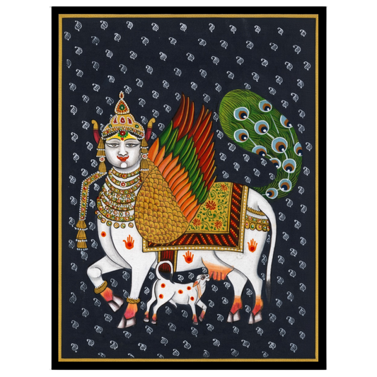 This captivating Pichwai artwork features the divine Kamdhenu adorned with vibrant wings and an for studio