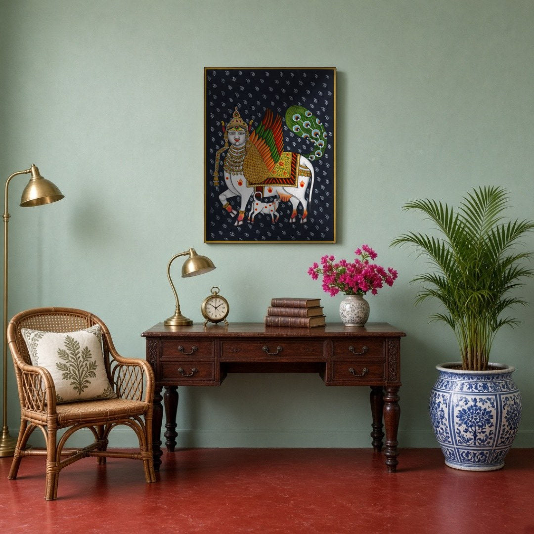 This captivating Pichwai artwork features the divine Kamdhenu adorned with vibrant wings and an for Study
