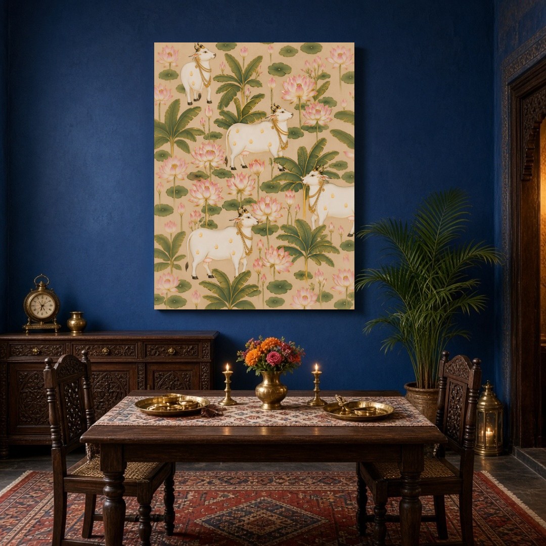 This exquisite Pichwai art piece captures the serene harmony of majestic cows surrounded by for Dining