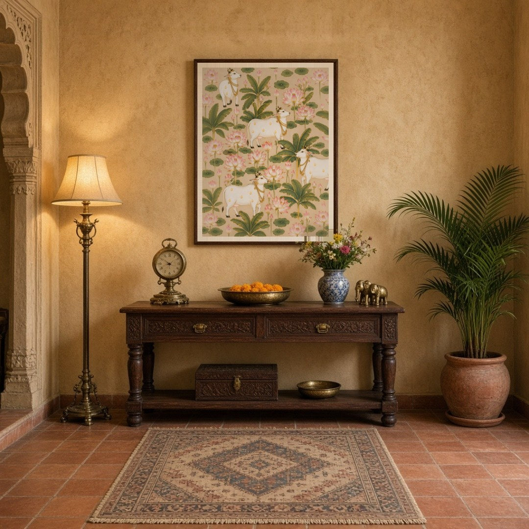 This exquisite Pichwai art piece captures the serene harmony of majestic cows surrounded by for Entrance