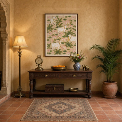This exquisite Pichwai art piece captures the serene harmony of majestic cows surrounded by for Entrance