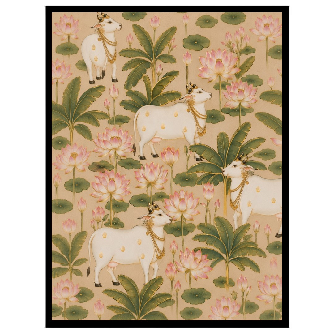 This exquisite Pichwai art piece captures the serene harmony of majestic cows surrounded by for gallery