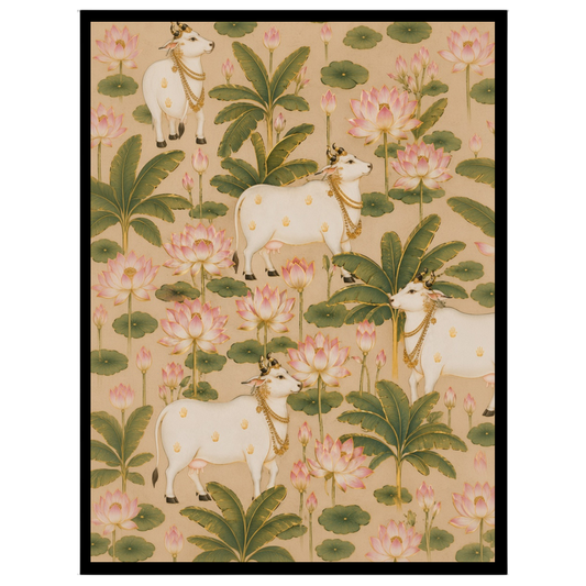 This exquisite Pichwai art piece captures the serene harmony of majestic cows surrounded by for gallery
