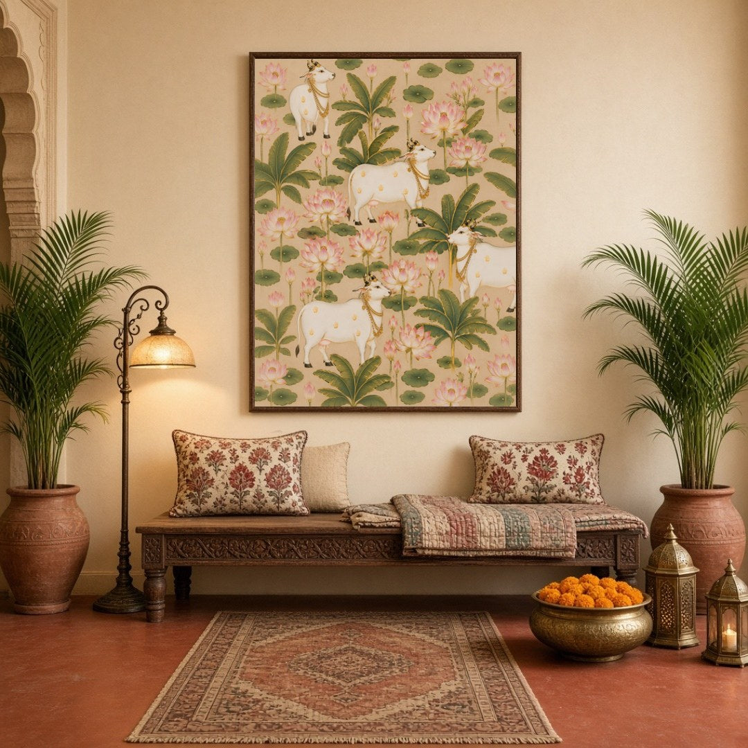 This exquisite Pichwai art piece captures the serene harmony of majestic cows surrounded by for Hallway