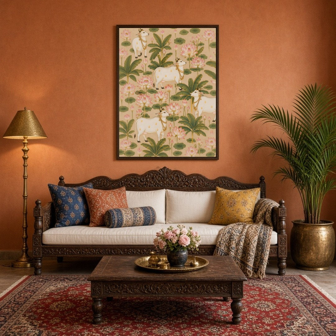 This exquisite Pichwai art piece captures the serene harmony of majestic cows surrounded by for Living Room