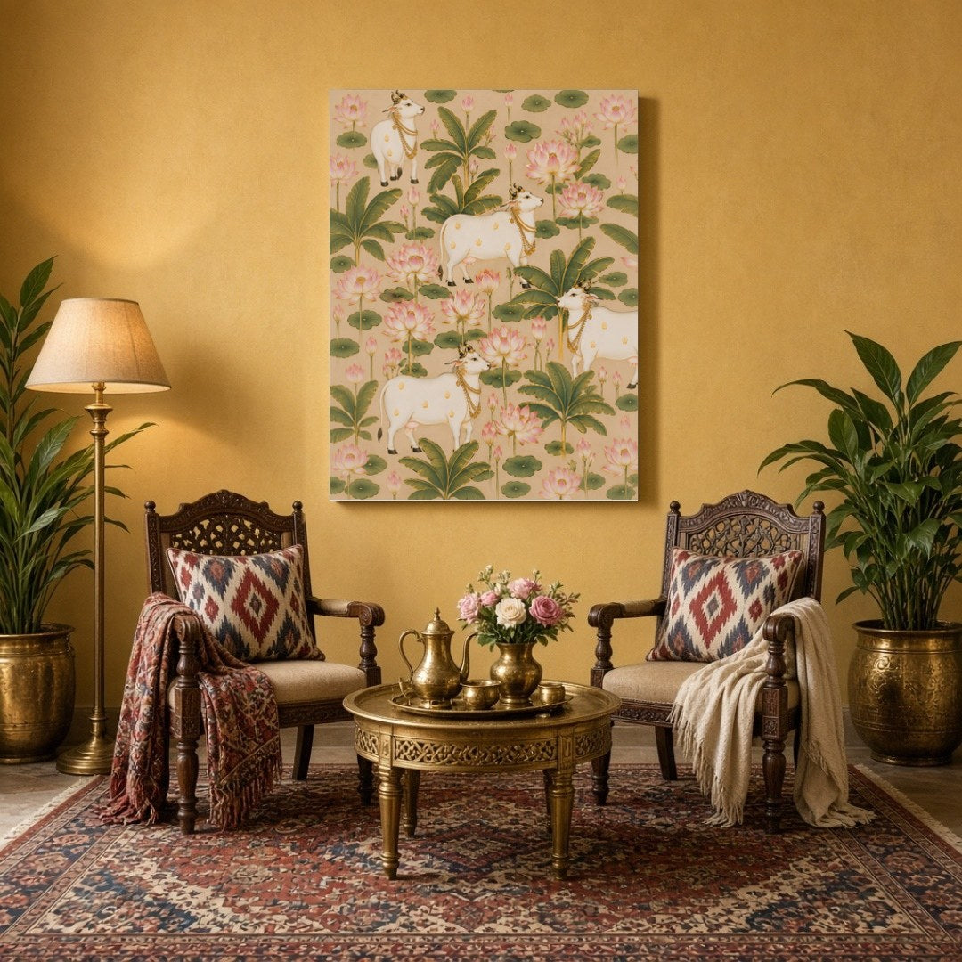 This exquisite Pichwai art piece captures the serene harmony of majestic cows surrounded by for Sitting Area