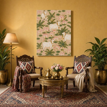 This exquisite Pichwai art piece captures the serene harmony of majestic cows surrounded by for Sitting Area