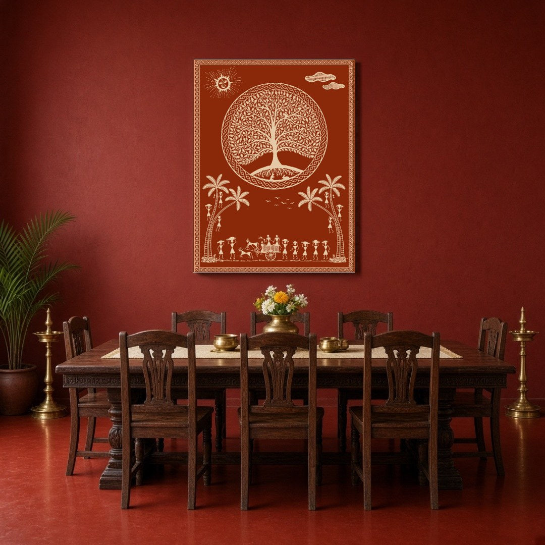 This captivating Warli art print depicts a serene village scene under a mystical tree, adorned with for Dining