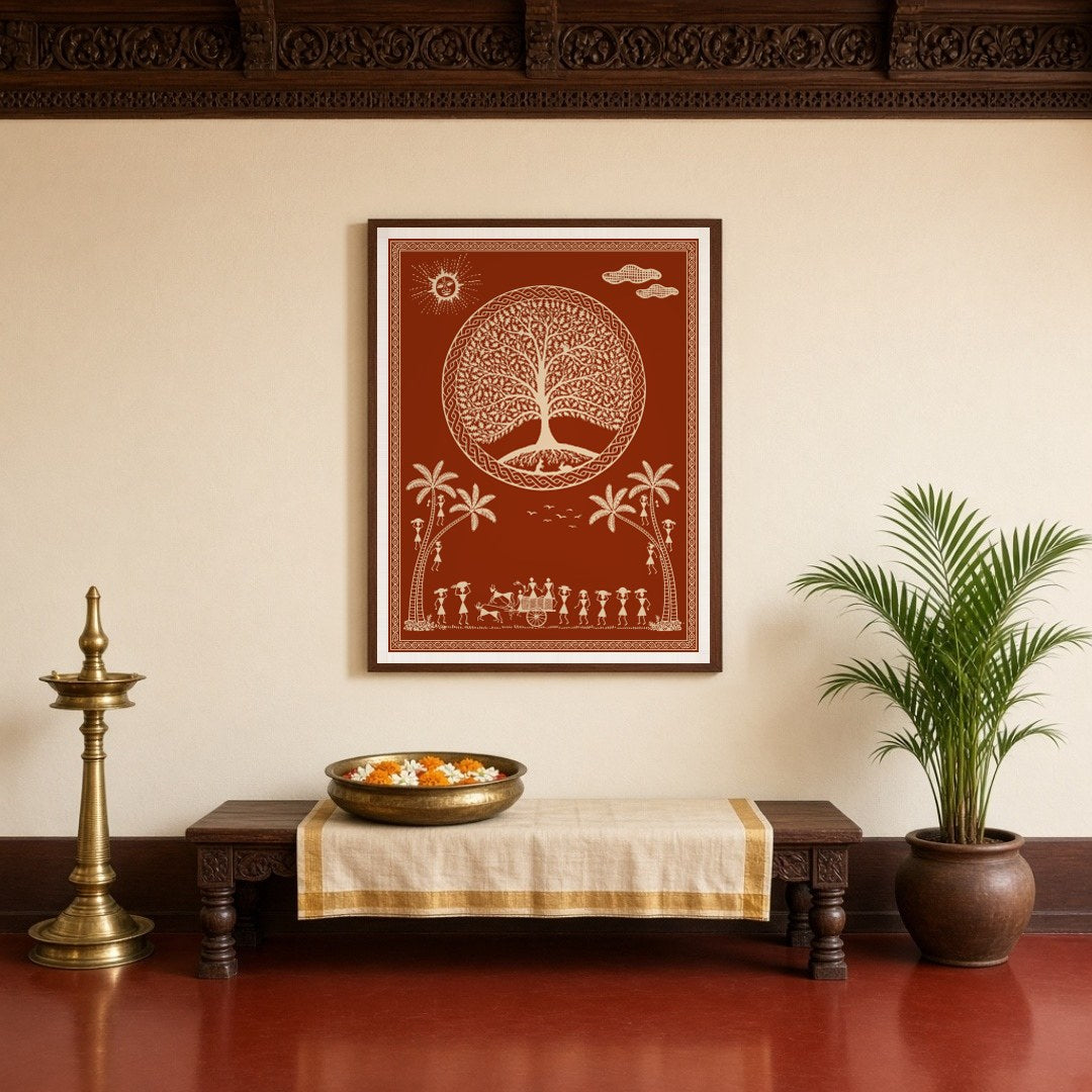 This captivating Warli art print depicts a serene village scene under a mystical tree, adorned with for Entrance