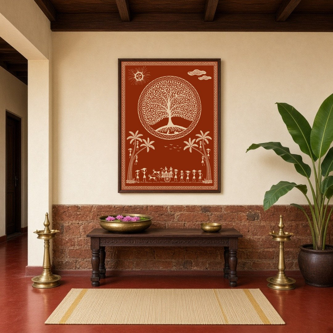 This captivating Warli art print depicts a serene village scene under a mystical tree, adorned with for Hallway