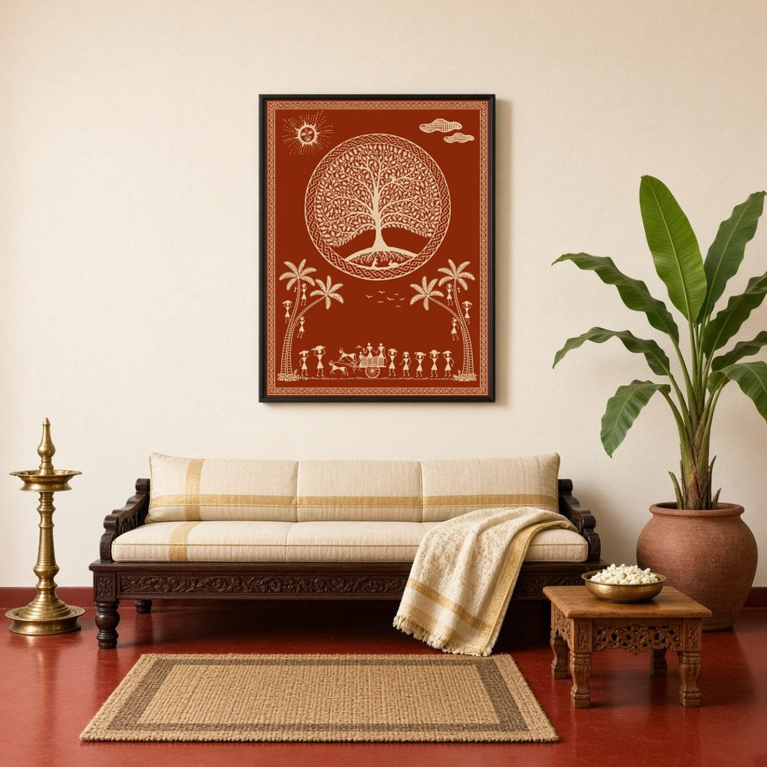 This captivating Warli art print depicts a serene village scene under a mystical tree, adorned with for Living Room