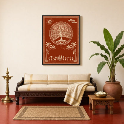 This captivating Warli art print depicts a serene village scene under a mystical tree, adorned with for Living Room