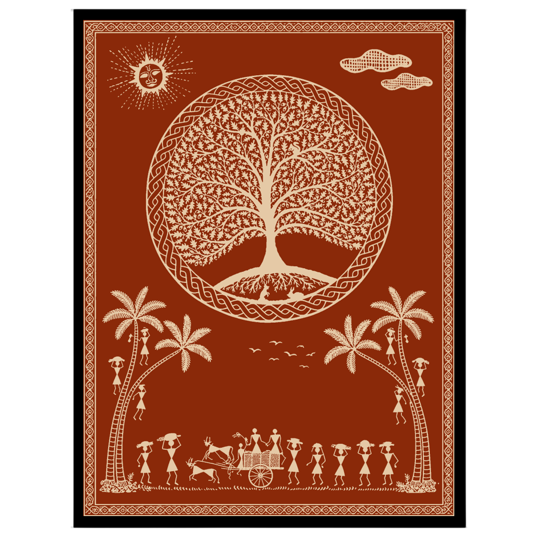 This captivating Warli art print depicts a serene village scene under a mystical tree, adorned with for room