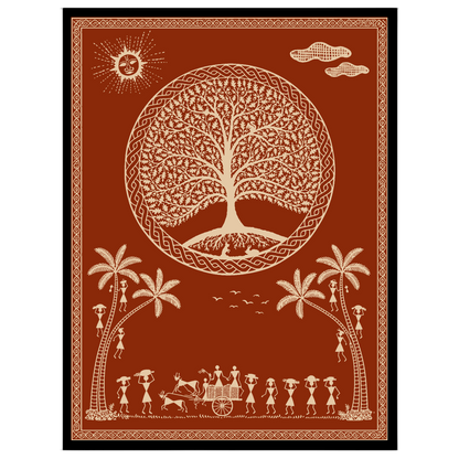 This captivating Warli art print depicts a serene village scene under a mystical tree, adorned with for room