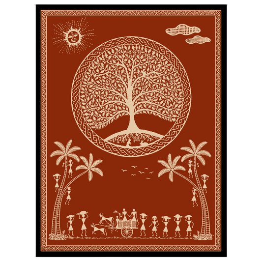 This captivating Warli art print depicts a serene village scene under a mystical tree, adorned with for room