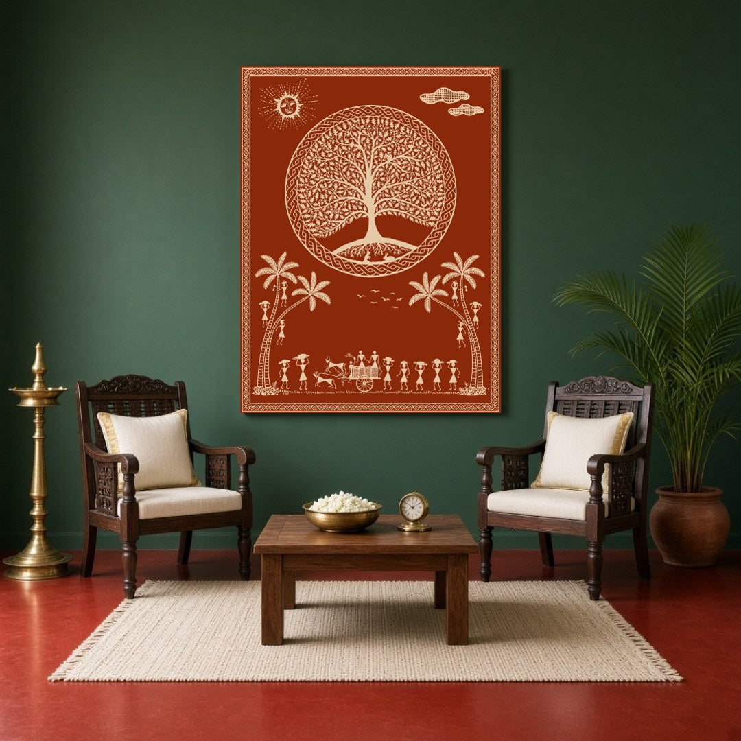 This captivating Warli art print depicts a serene village scene under a mystical tree, adorned with for Sitting Area