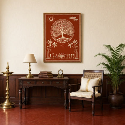 This captivating Warli art print depicts a serene village scene under a mystical tree, adorned with for Study