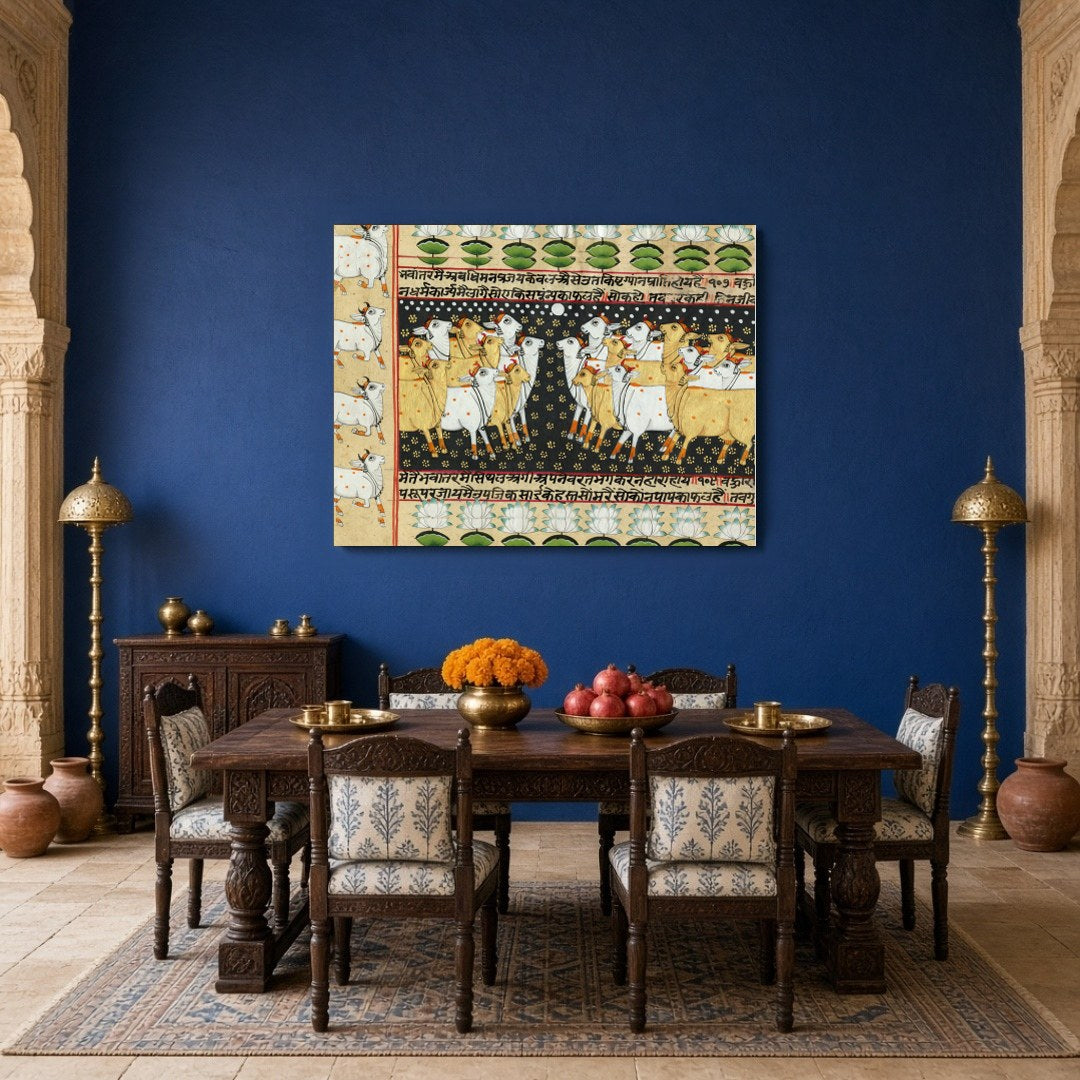 Immerse yourself in the mystical world of Indian tradition with this exquisite Pichwai artwork for Dining