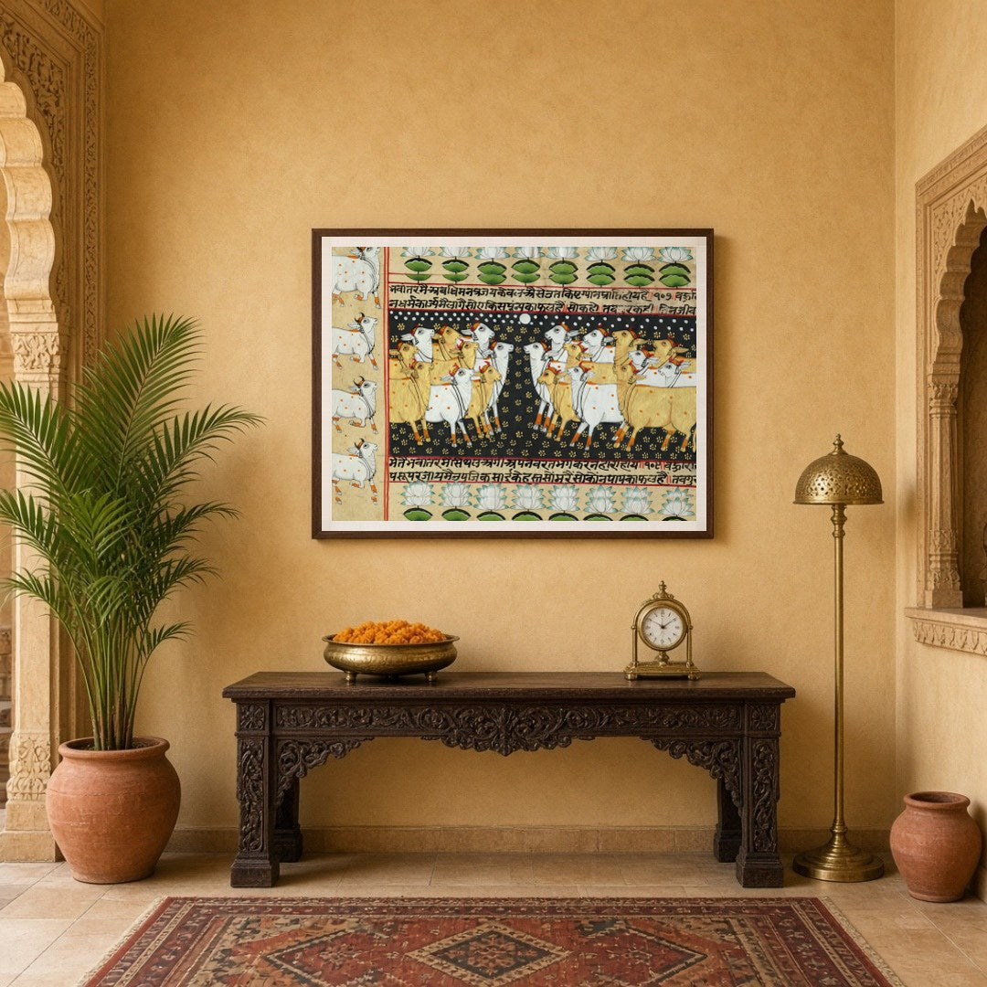 Immerse yourself in the mystical world of Indian tradition with this exquisite Pichwai artwork for Entrance