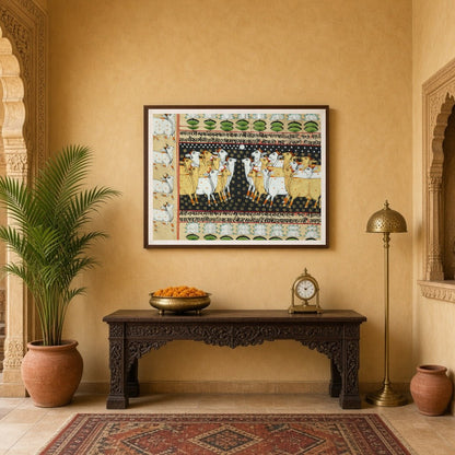 Immerse yourself in the mystical world of Indian tradition with this exquisite Pichwai artwork for Entrance