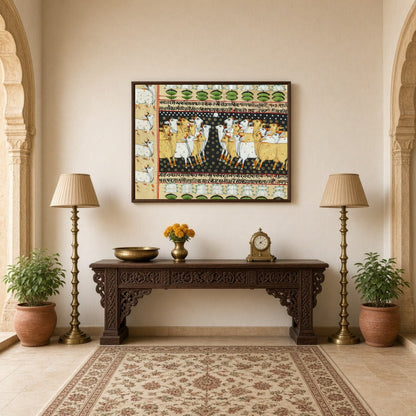 Immerse yourself in the mystical world of Indian tradition with this exquisite Pichwai artwork for Hallway