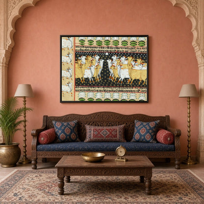 Immerse yourself in the mystical world of Indian tradition with this exquisite Pichwai artwork for Living Room