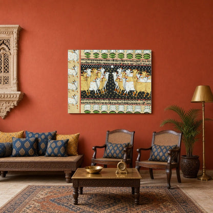 Immerse yourself in the mystical world of Indian tradition with this exquisite Pichwai artwork for Sitting Area