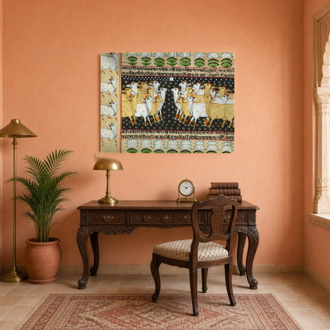 Immerse yourself in the mystical world of Indian tradition with this exquisite Pichwai artwork for Study