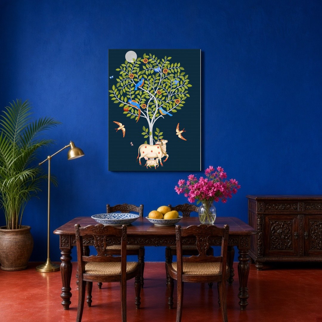This captivating Pichwai artwork showcases the divine Kamdhenu cow and her calf resting peacefully for Dining