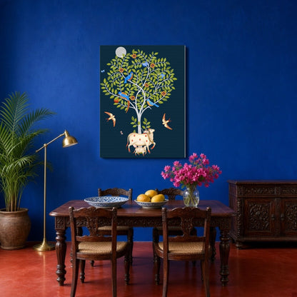 This captivating Pichwai artwork showcases the divine Kamdhenu cow and her calf resting peacefully for Dining