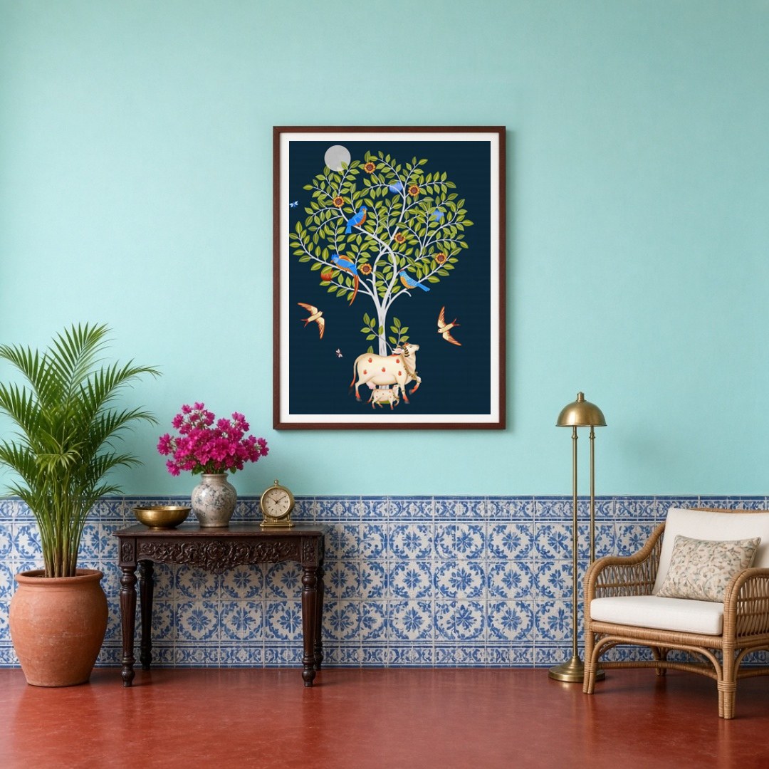 This captivating Pichwai artwork showcases the divine Kamdhenu cow and her calf resting peacefully for Entrance